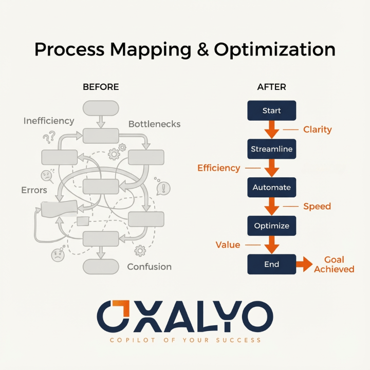 Comparaison visuelle BEFORE/AFTER • Workflow complexe vs workflow optimisé • Annotations : Inefficiency, Bottlenecks, Errors, Confusion → Clarity, Efficiency, Accuracy, Speed, Value, Goal Achieved